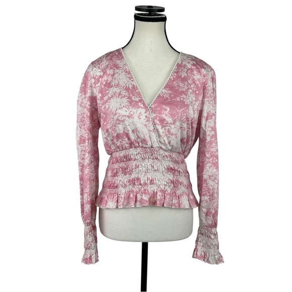 WAYF Pink Toile Print Smocked Peplum Blouse L Long Sleeve Wrap Cottagecore - Picture 2 of 10
